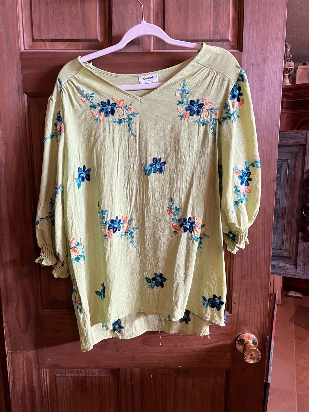 Embroidered V-Neck Tunic Top — Light Green